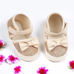 Baby Moo Glittery Partywear Bow Velcro Strap Anti-Skid Sandals - Beige