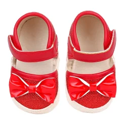 Baby Moo Glittery Partywear Bow Velcro Strap Anti-Skid Sandals - Red
