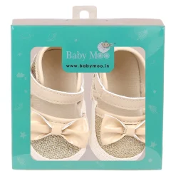 Baby Moo Glittery Partywear Bow Velcro Strap Anti-Skid Sandals - Beige