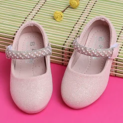 Baby Moo Glittery Pearl Embellished Mary Jane Velcro Strap Anti-Skid Ballerina Shoes - Pink