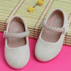 Baby Moo Glittery Pearl Embellished Mary Jane Velcro Strap Anti-Skid Ballerina Shoes - Gold