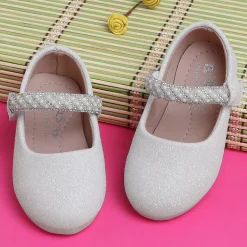 Baby Moo Glittery Pearl Embellished Mary Jane Velcro Strap Anti-Skid Ballerina Shoes - White