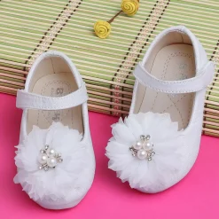 Baby Moo Glittery Pearl Embellished Floral Applique Mary Jane Velcro Strap Anti-Skid Ballerina Shoes - White