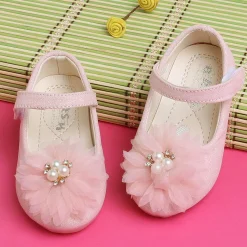 Baby Moo Glittery Pearl Embellished Floral Applique Mary Jane Velcro Strap Anti-Skid Ballerina Shoes - Pink