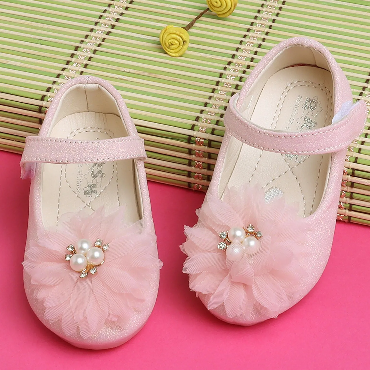 Baby Moo Glittery Pearl Embellished Floral Applique Mary Jane Velcro Strap Anti-Skid Ballerina Shoes - Pink