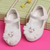 Baby Moo Glittery Pearl Embellished Floral Applique Mary Jane Velcro Strap Anti-Skid Ballerina Shoes - Gold