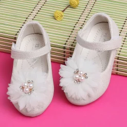 Baby Moo Glittery Pearl Embellished Floral Applique Mary Jane Velcro Strap Anti-Skid Ballerina Shoes - Gold