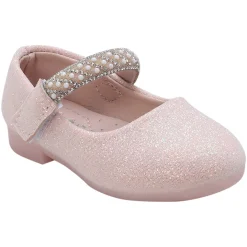 Baby Moo Glittery Pearl Embellished Mary Jane Velcro Strap Anti-Skid Ballerina Shoes - Pink