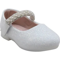 Baby Moo Glittery Pearl Embellished Mary Jane Velcro Strap Anti-Skid Ballerina Shoes - White