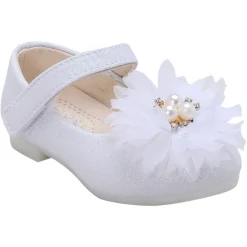 Baby Moo Glittery Pearl Embellished Floral Applique Mary Jane Velcro Strap Anti-Skid Ballerina Shoes - White