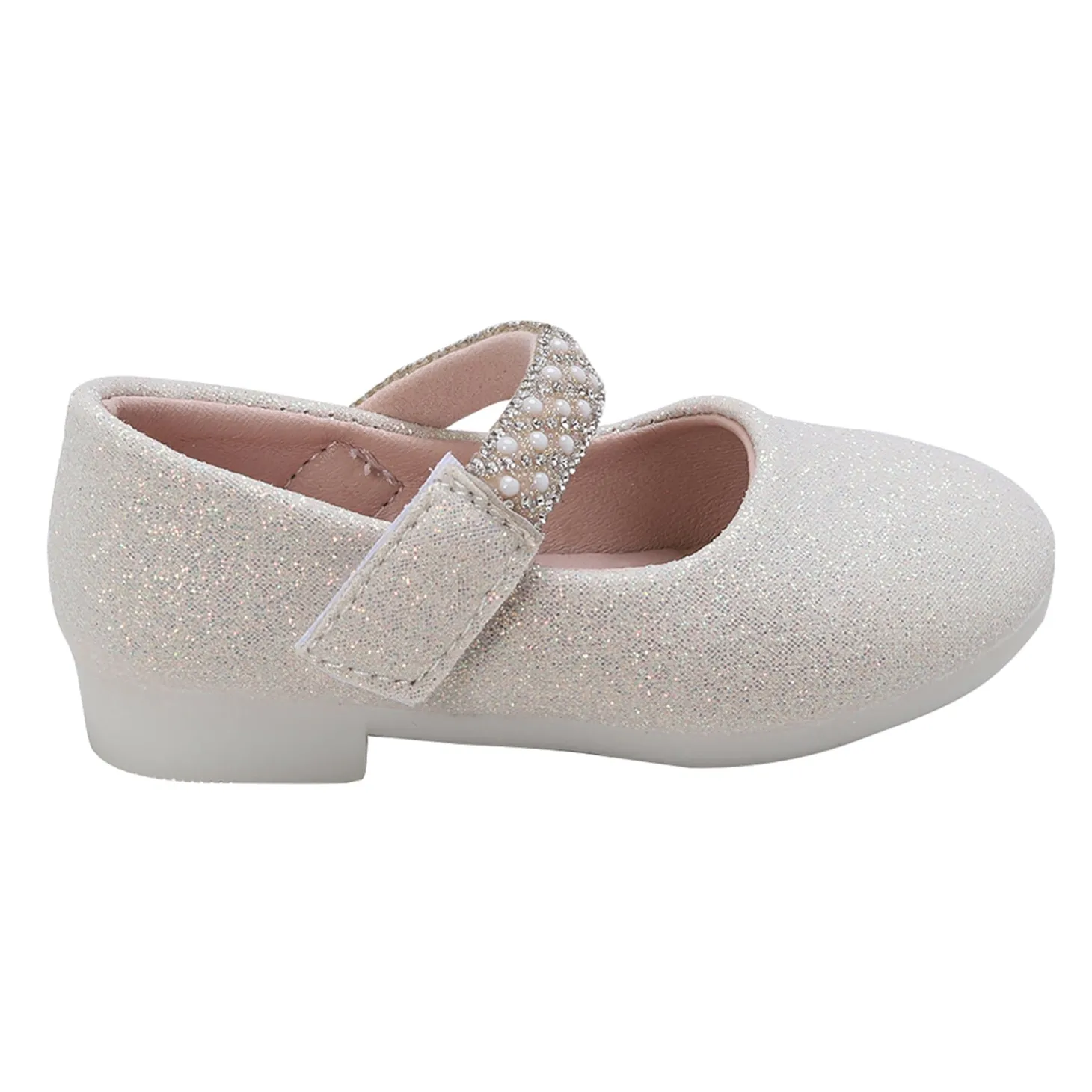 Baby Moo Glittery Pearl Embellished Mary Jane Velcro Strap Anti-Skid Ballerina Shoes - Gold