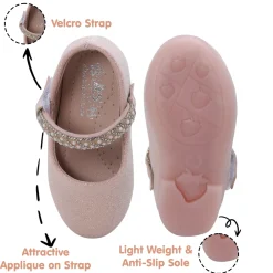 Baby Moo Glittery Pearl Embellished Mary Jane Velcro Strap Anti-Skid Ballerina Shoes - Pink