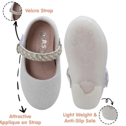 Baby Moo Glittery Pearl Embellished Mary Jane Velcro Strap Anti-Skid Ballerina Shoes - White