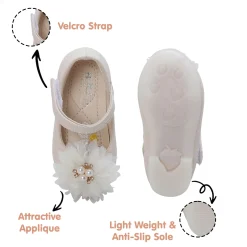 Baby Moo Glittery Pearl Embellished Floral Applique Mary Jane Velcro Strap Anti-Skid Ballerina Shoes - Gold