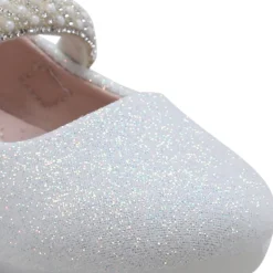 Baby Moo Glittery Pearl Embellished Mary Jane Velcro Strap Anti-Skid Ballerina Shoes - White