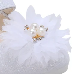 Baby Moo Glittery Pearl Embellished Floral Applique Mary Jane Velcro Strap Anti-Skid Ballerina Shoes - White