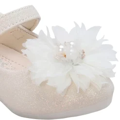 Baby Moo Glittery Pearl Embellished Floral Applique Mary Jane Velcro Strap Anti-Skid Ballerina Shoes - Gold