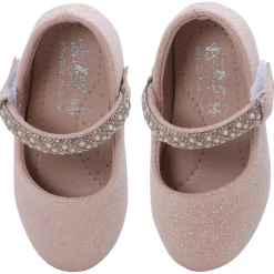 Baby Moo Glittery Pearl Embellished Mary Jane Velcro Strap Anti-Skid Ballerina Shoes - Pink