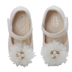 Baby Moo Glittery Pearl Embellished Floral Applique Mary Jane Velcro Strap Anti-Skid Ballerina Shoes - Gold