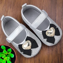 Baby Moo Golden Heart On Bow Glittery Anti-Skid Ballerina Booties - Silver