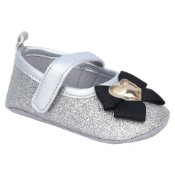 Baby Moo Golden Heart On Bow Glittery Anti-Skid Ballerina Booties - Silver