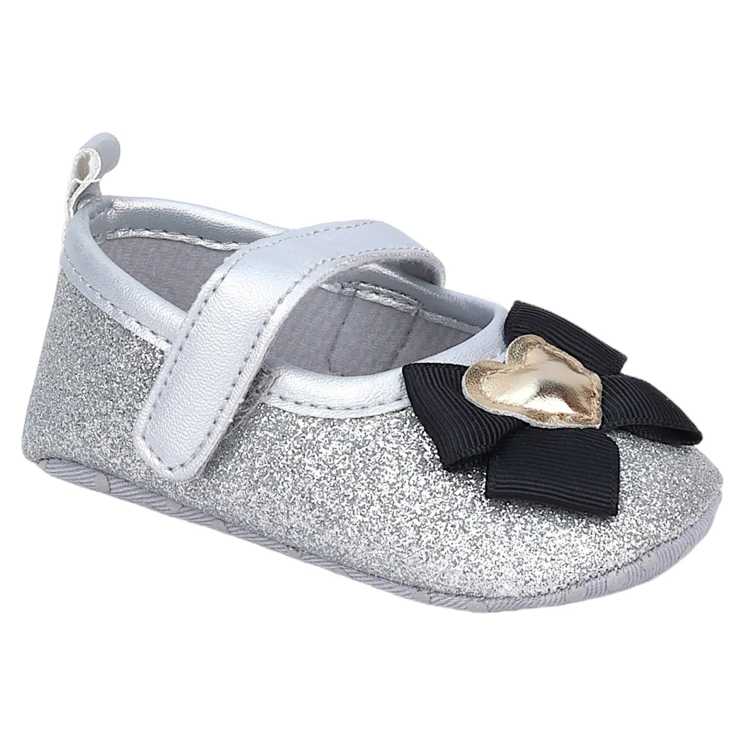 Baby Moo Golden Heart On Bow Glittery Anti-Skid Ballerina Booties - Silver
