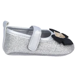 Baby Moo Golden Heart On Bow Glittery Anti-Skid Ballerina Booties - Silver