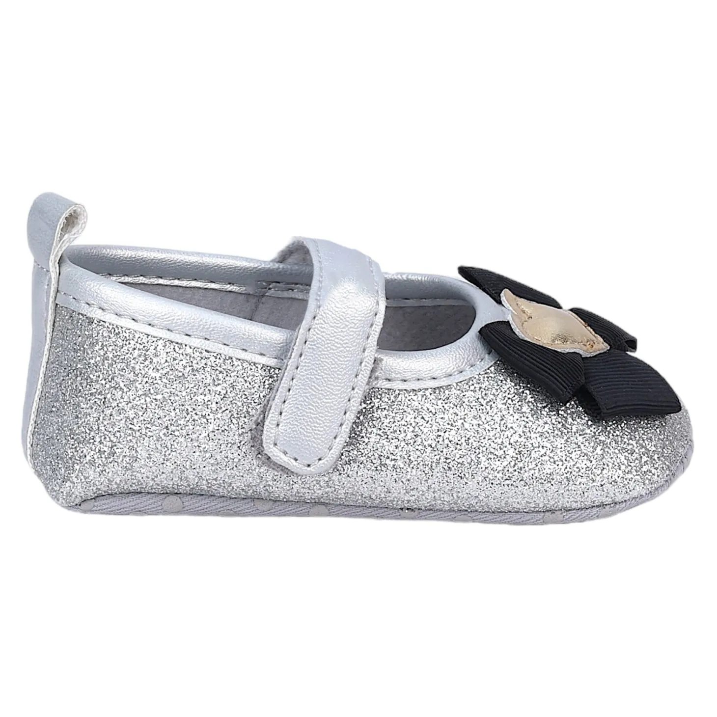 Baby Moo Golden Heart On Bow Glittery Anti-Skid Ballerina Booties - Silver