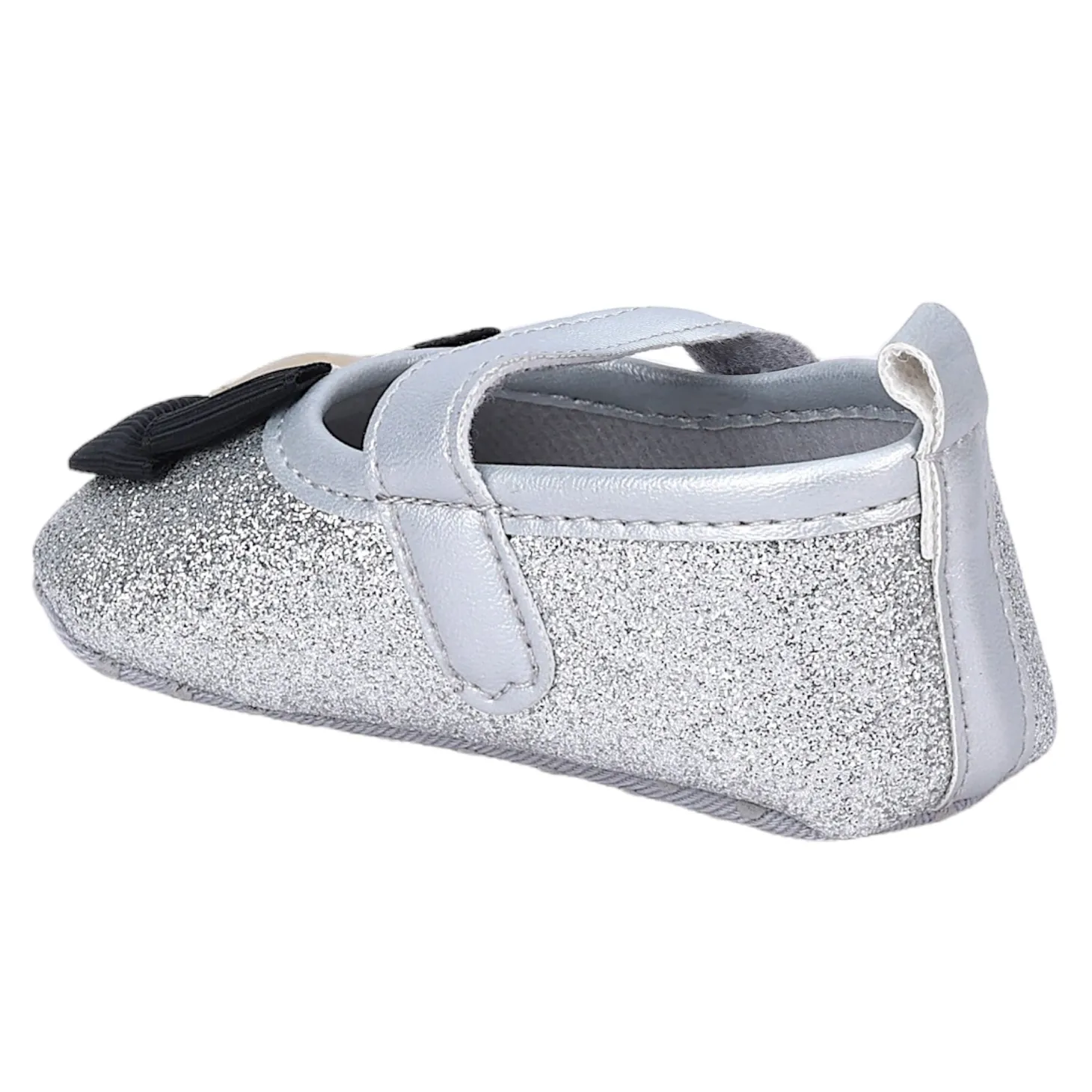 Baby Moo Golden Heart On Bow Glittery Anti-Skid Ballerina Booties - Silver