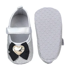 Baby Moo Golden Heart On Bow Glittery Anti-Skid Ballerina Booties - Silver