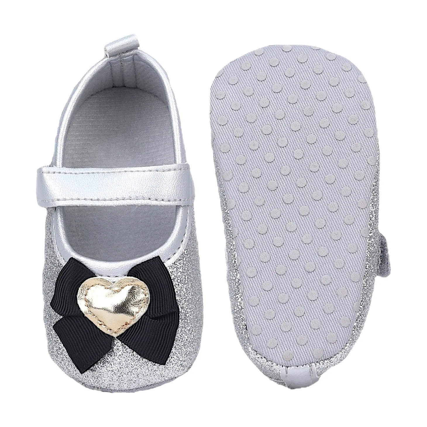 Baby Moo Golden Heart On Bow Glittery Anti-Skid Ballerina Booties - Silver