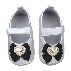 Baby Moo Golden Heart On Bow Glittery Anti-Skid Ballerina Booties - Silver
