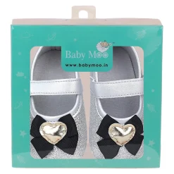 Baby Moo Golden Heart On Bow Glittery Anti-Skid Ballerina Booties - Silver