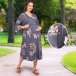Baby Moo Half Bell Sleeves Comfortable Nursing And Maternity Dress Flower Print - Grey