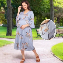 Baby Moo Half Bell Sleeves Comfortable Nursing And Maternity Dress Flower Print - Blue