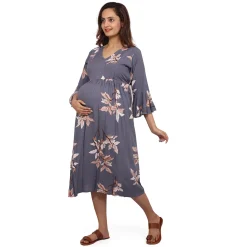 Baby Moo Half Bell Sleeves Comfortable Nursing And Maternity Dress Flower Print - Grey