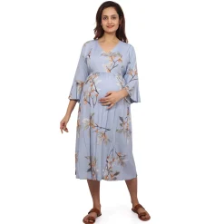 Baby Moo Half Bell Sleeves Comfortable Nursing And Maternity Dress Flower Print - Blue