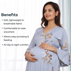 Baby Moo Half Bell Sleeves Comfortable Nursing And Maternity Dress Flower Print - Blue