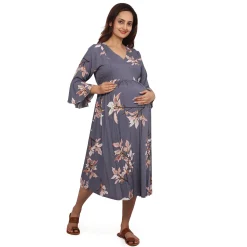 Baby Moo Half Bell Sleeves Comfortable Nursing And Maternity Dress Flower Print - Grey