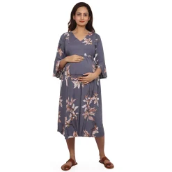 Baby Moo Half Bell Sleeves Comfortable Nursing And Maternity Dress Flower Print - Grey