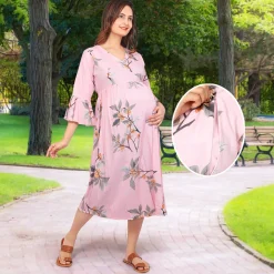 Baby Moo Half Sleeves Comfortable Nursing And Maternity Dress Flower Print - Pink