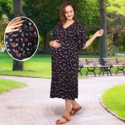 Baby Moo Half Sleeves Comfortable Nursing And Maternity Dress With Pocket Floral - Blue