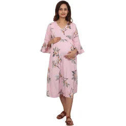 Baby Moo Half Sleeves Comfortable Nursing And Maternity Dress Flower Print - Pink