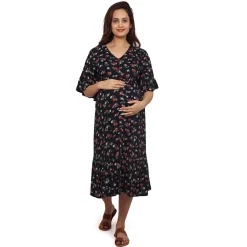 Baby Moo Half Sleeves Comfortable Nursing And Maternity Dress With Pocket Floral - Blue