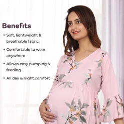 Baby Moo Half Sleeves Comfortable Nursing And Maternity Dress Flower Print - Pink