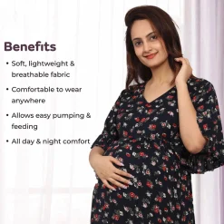 Baby Moo Half Sleeves Comfortable Nursing And Maternity Dress With Pocket Floral - Blue