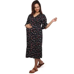 Baby Moo Half Sleeves Comfortable Nursing And Maternity Dress With Pocket Floral - Blue