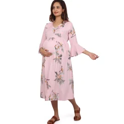 Baby Moo Half Sleeves Comfortable Nursing And Maternity Dress Flower Print - Pink