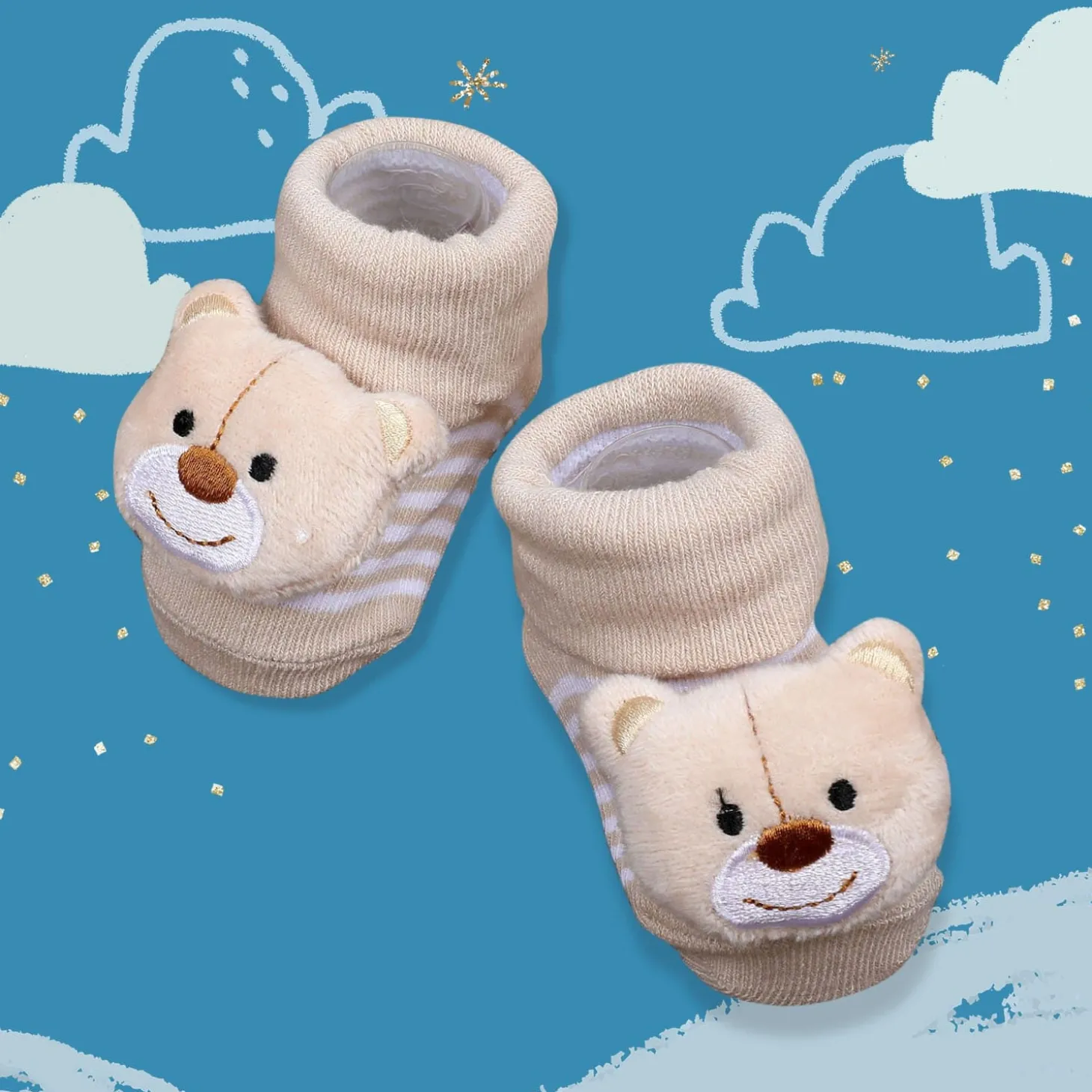 Baby Moo Happy Bear Cotton Anti-Skid 3D Socks - Beige
