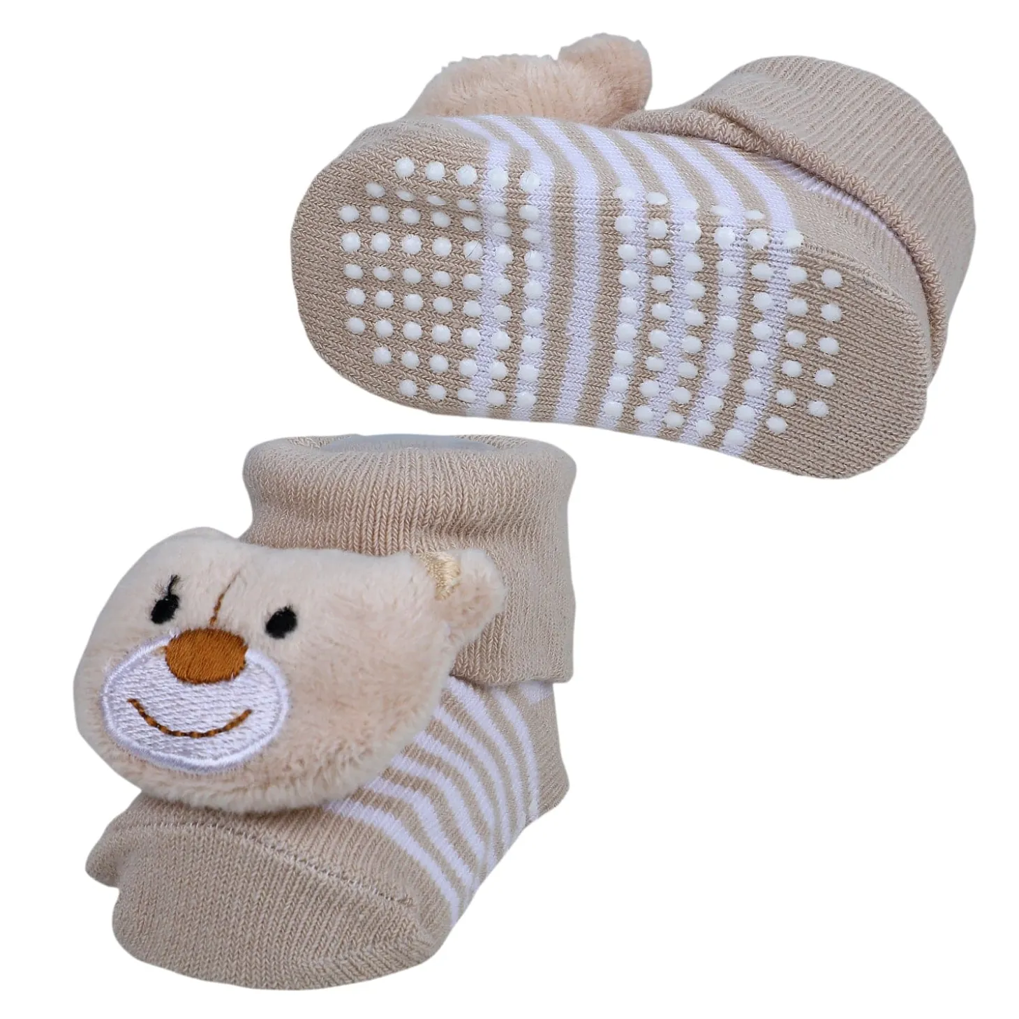 Baby Moo Happy Bear Cotton Anti-Skid 3D Socks - Beige